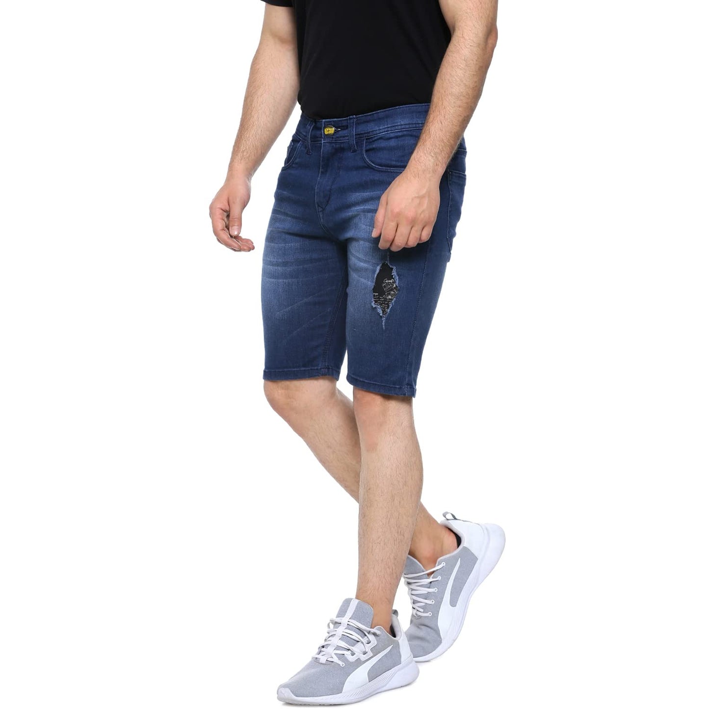 Campus Sutra Mens Denim Shorts for Regular Wear|Blue|Dark Wash|Mild Distress|Slim Fit|Denim Shorts Crafted with Comfort Fit and