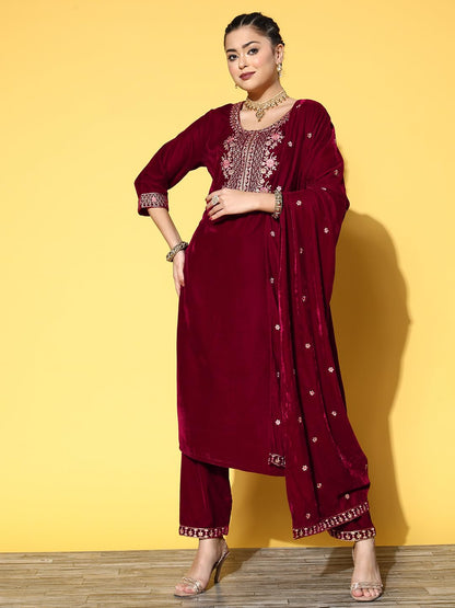 Varanga Maroon Embroidered Kurta Set With Embroidered Dupatta  Elegant Traditional Ethnic Wear For Women
