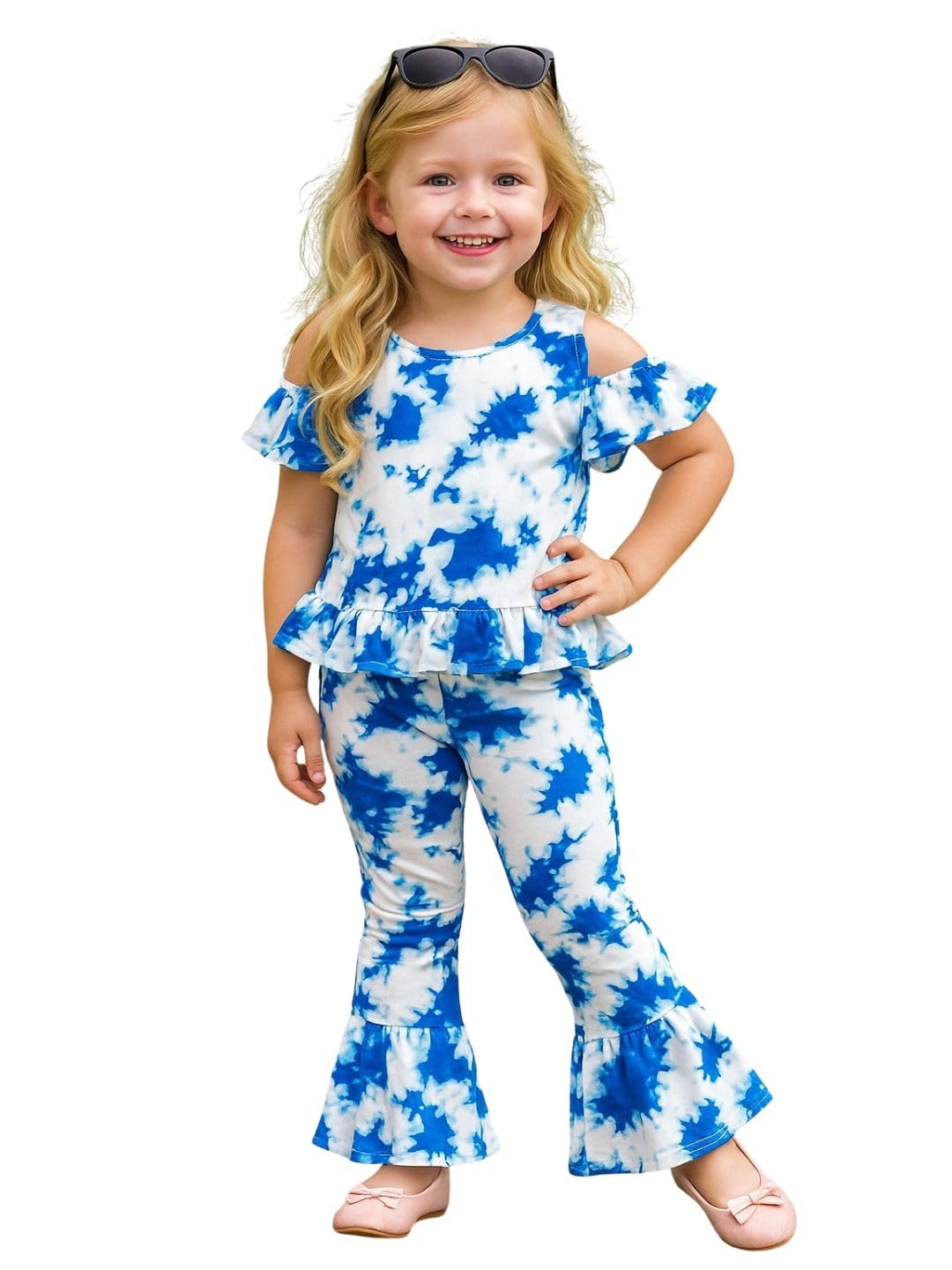 A.T.U.N. (ALL THINGS UBER NICE) Girls Blue Tie-Dye Cold Shoulder Peplum Top with Bell Bottom Pants | Stylish Co-ord Set for Kids
