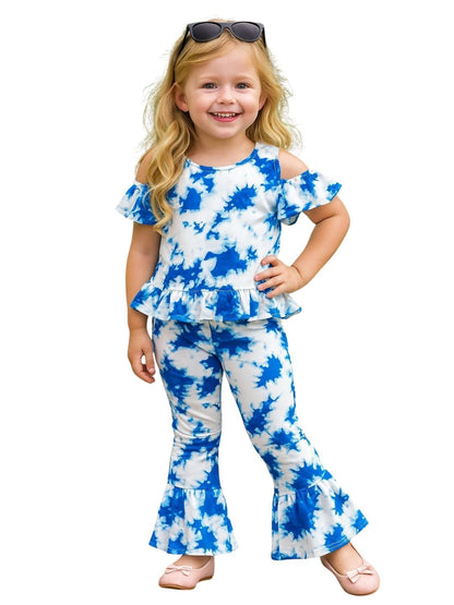 A.T.U.N. (ALL THINGS UBER NICE) Girls Blue Tie-Dye Cold Shoulder Peplum Top with Bell Bottom Pants | Stylish Co-ord Set for Kids