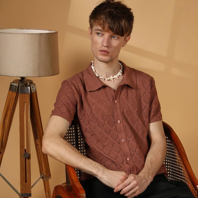 Campus Sutra Mens Sienna Brown Rhombus-Knit Slim-Fit Shirt for Casual Wear | Polo Neck | Short Sleeve | Button Closure | Shirt