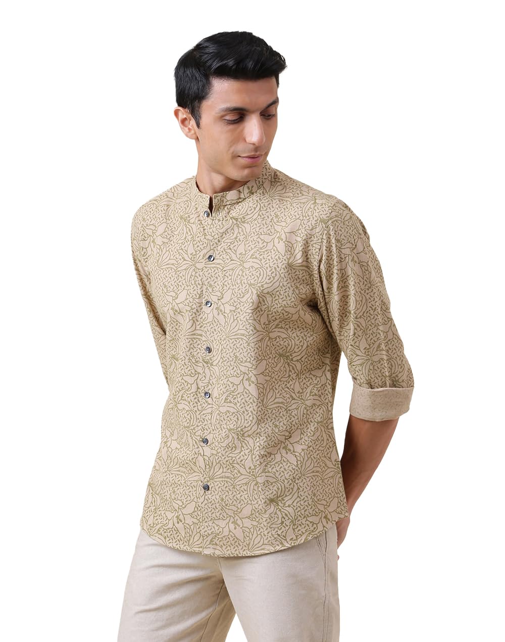Fabindia Men's Brown Cotton Blend Printed Slim Fit Shirt