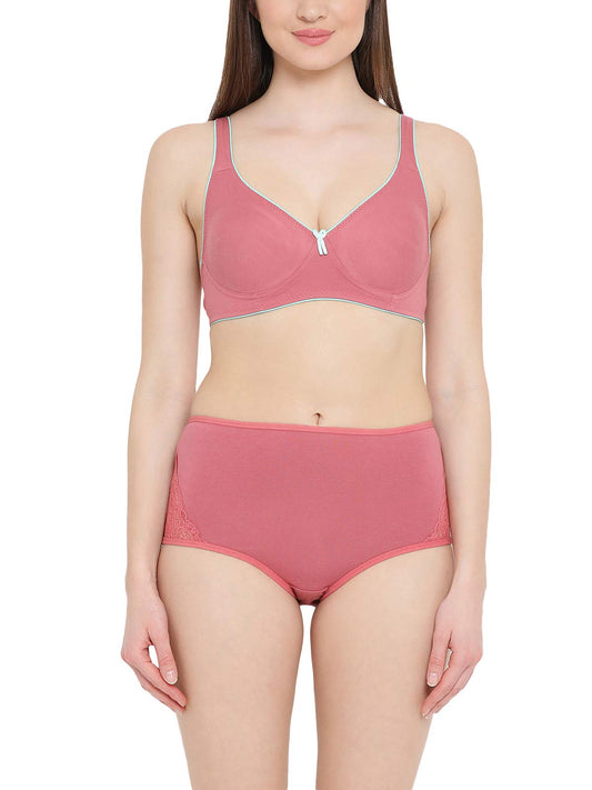 Clovia Womens Non-Wired T-Shirt Bra with Layered Cups and High Waist Hipster Panty with Lace Panel (COMBBP052_Pink_36B)
