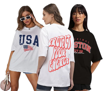 Juneberry Pure Cotton Oversized Loose Baggy Fit Drop Shoulder Half Sleeve Cool Front & Back Graphic Printed Round Neck T-Shirt F