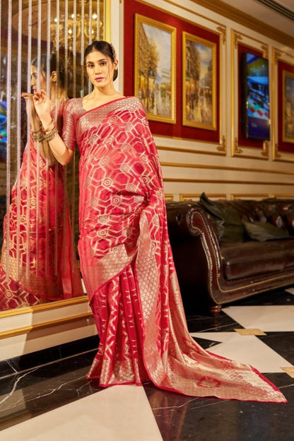 Madhuhansh Womens Organza Plain Saree With Patola Printed Solid Pattern 6 Yard Length And Unstitched Blouse Piece