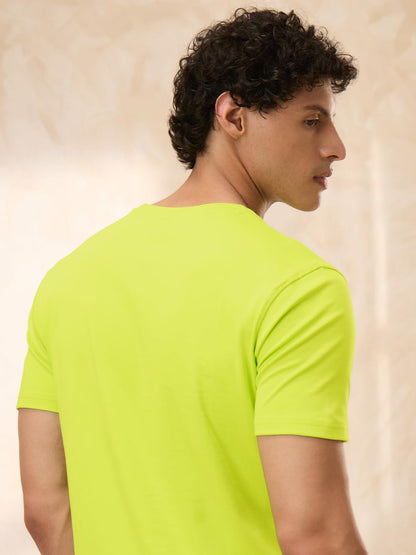 The Souled Store Lime Green Men and Boys Short Sleeves Round Neck Solid Regular Fit Cotton Supima T-Shirts