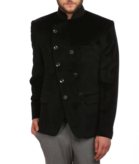 WINTAGE Mens Velvet Grandad Collar Festive Black Blazer