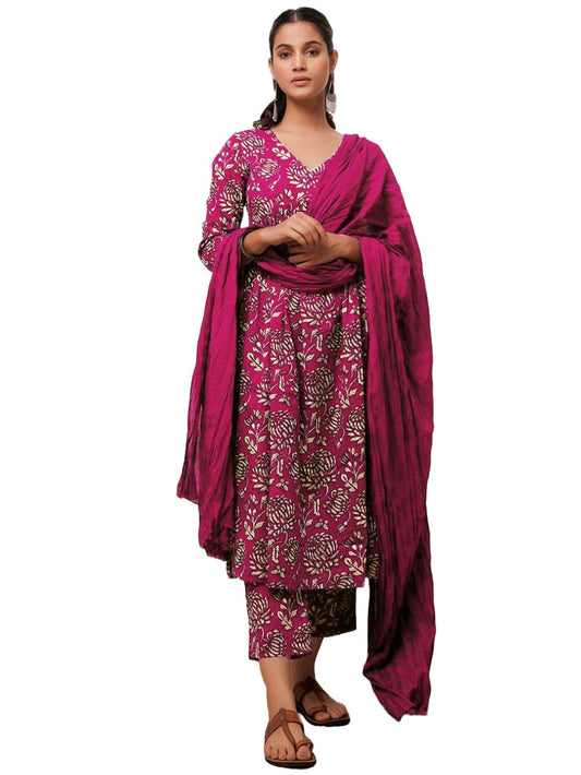 GoSriKi Womens Rayon Blend Printed Regular Kurta with Pant & Dupatta (DABU VIOLET-FCS-G8S_Pink