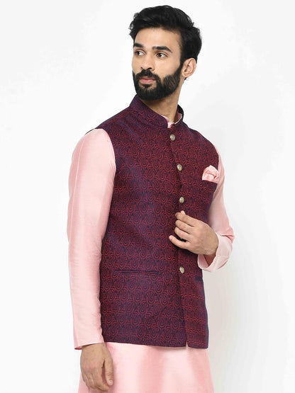 Kisah Men Violet Woven Design Nehru Jacket Ethnic Festive Waistcoat Cotton, Regular Fit