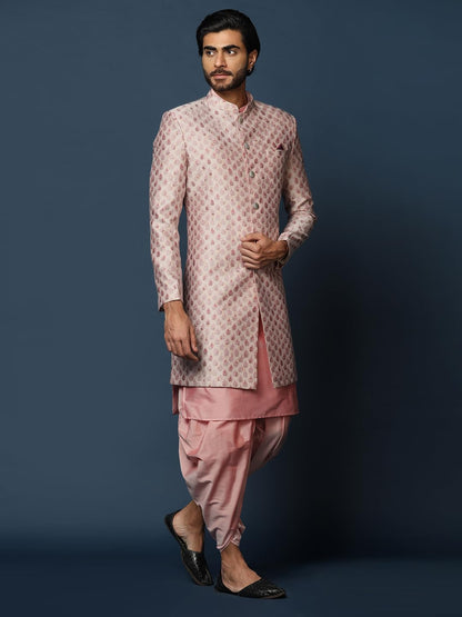 Kisah MenS Cream Indo-Western Kurta Sherwani Dhoti Set Cotton Full Sleaves, Knee Length, Straight, Regular Fit, Mandarin Collar