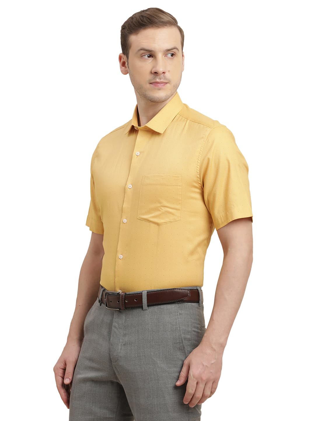 Turtle Men 100% Cotton Regular Fit Yellow Printed Half Sleeve Formal Shirt