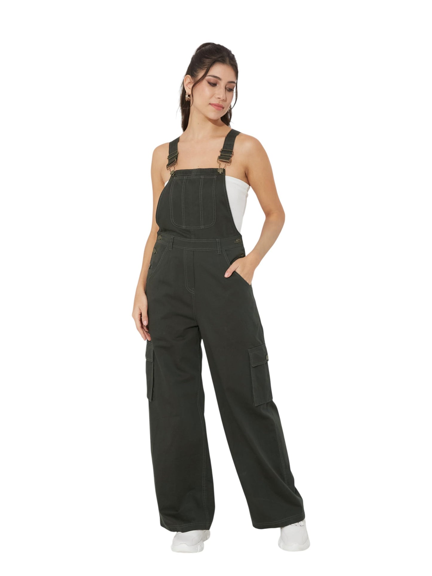 Miss Chase Womens Square-Neck Wide-Leg Cotton Dungaree (MCSS24D19-45-42-04, Deep Green, M)