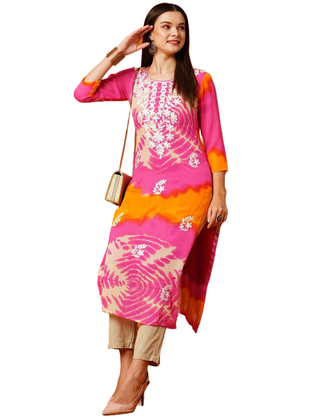 GoSriKi Women's Printed Georgette Straight Chikankari Embroidered Kurta