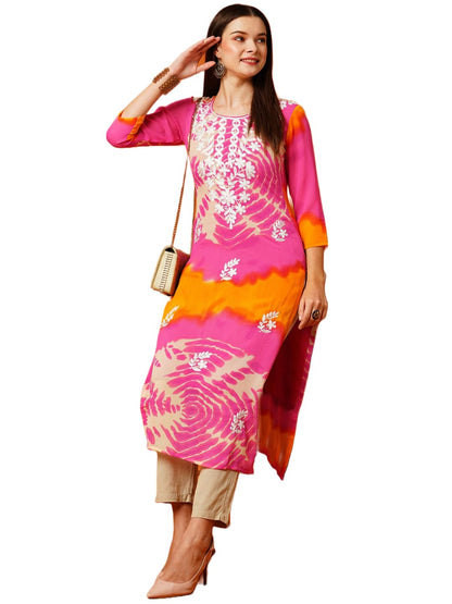 GoSriKi Women's Printed Georgette Straight Chikankari Embroidered Kurta
