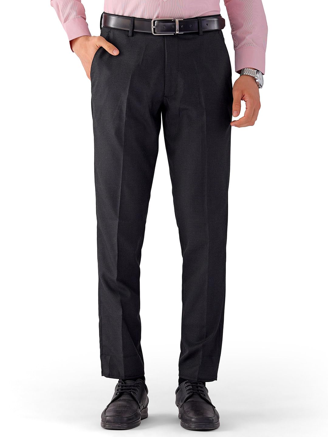 The Indian Garage Co Men Slim Fit Self Design Mid-Rise Stretchable Formal Trousers Black