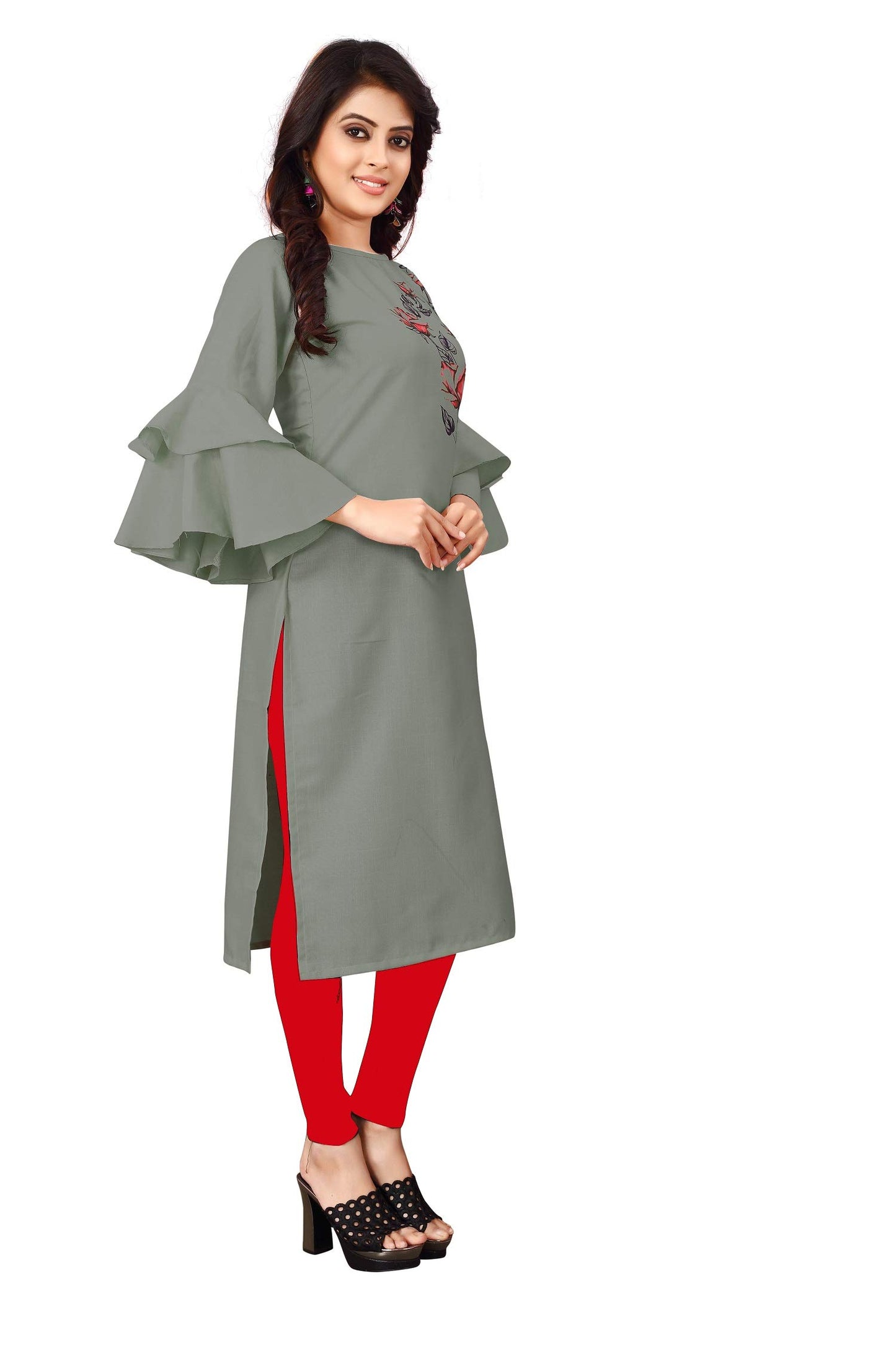 OM SAI LATEST CREATION Slub-Rayon 3/4 Sleeve Printed A-Line Kurti for Women