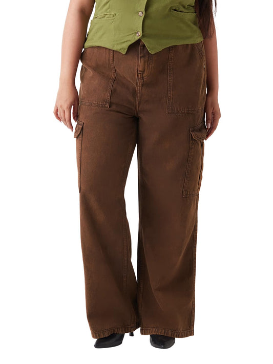 Bewakoof Women Mid Rise Solid Straight Fit Cotton Plus Size Jeans_652461_Brown_40