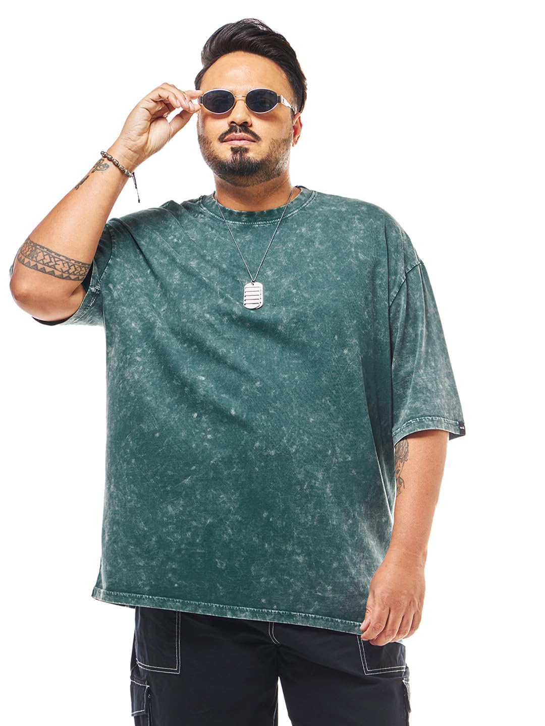 Bewakoof Mens Self Design Oversized Fit Half Sleeve Round Neck Pure Cotton Plus Size Acid Wash T-Shirt_627948_Green_4XL