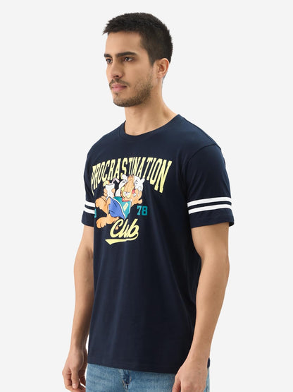 The Souled Store Official Garfield: Procrastination Club Men and Boys Short Sleeve Round Neck Navy Blue Graphic Printed Cotton R