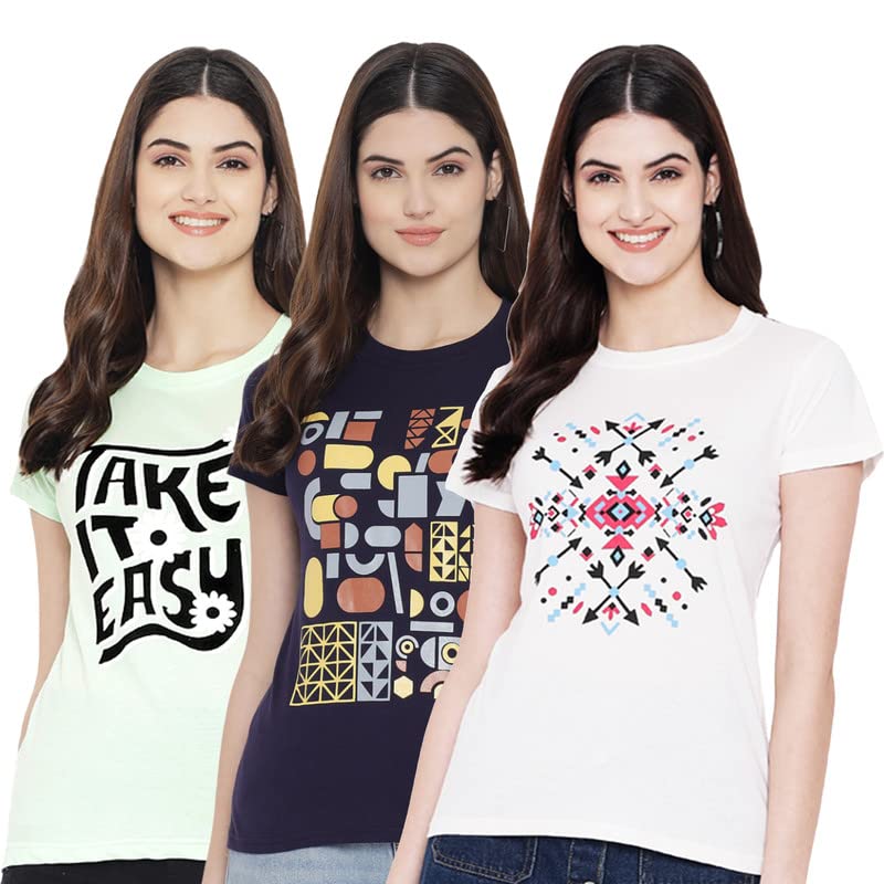 Preneum Womens Cotton Regular Fit Latest Graphic Stylish Printed Short Sleeves Casual T-Shirt || Latest Trendy & Styling (Pack