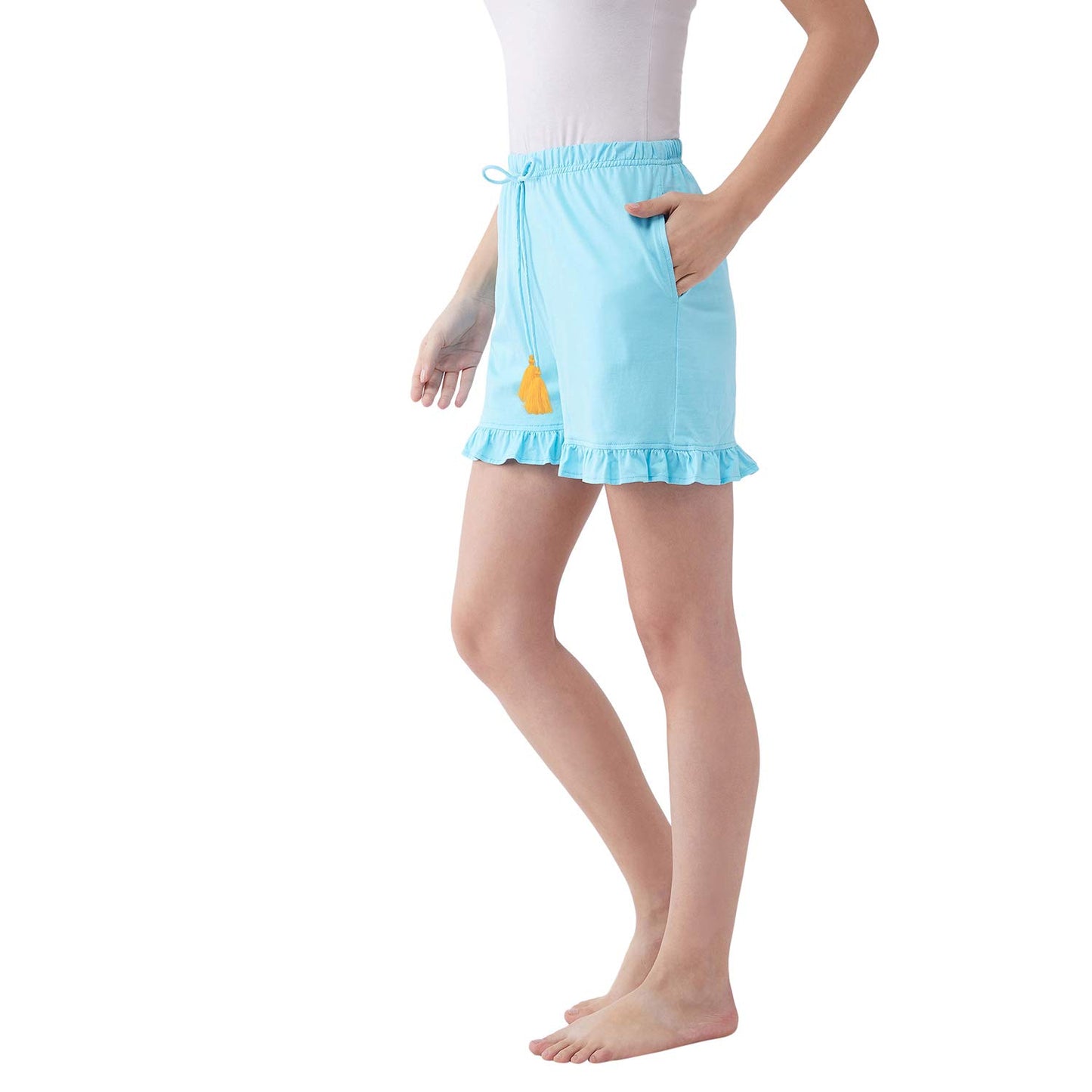Miss Chase WomenS Comfortable Blue Solid Cotton Regular Length Sleep And Loungewear Shorts With Pockets (Mcaw20Nw03-08-115_Blue