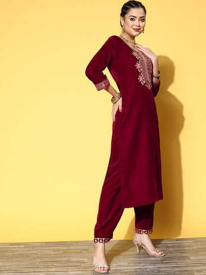 Varanga Maroon Embroidered Kurta Set With Embroidered Dupatta  Elegant Traditional Ethnic Wear For Women