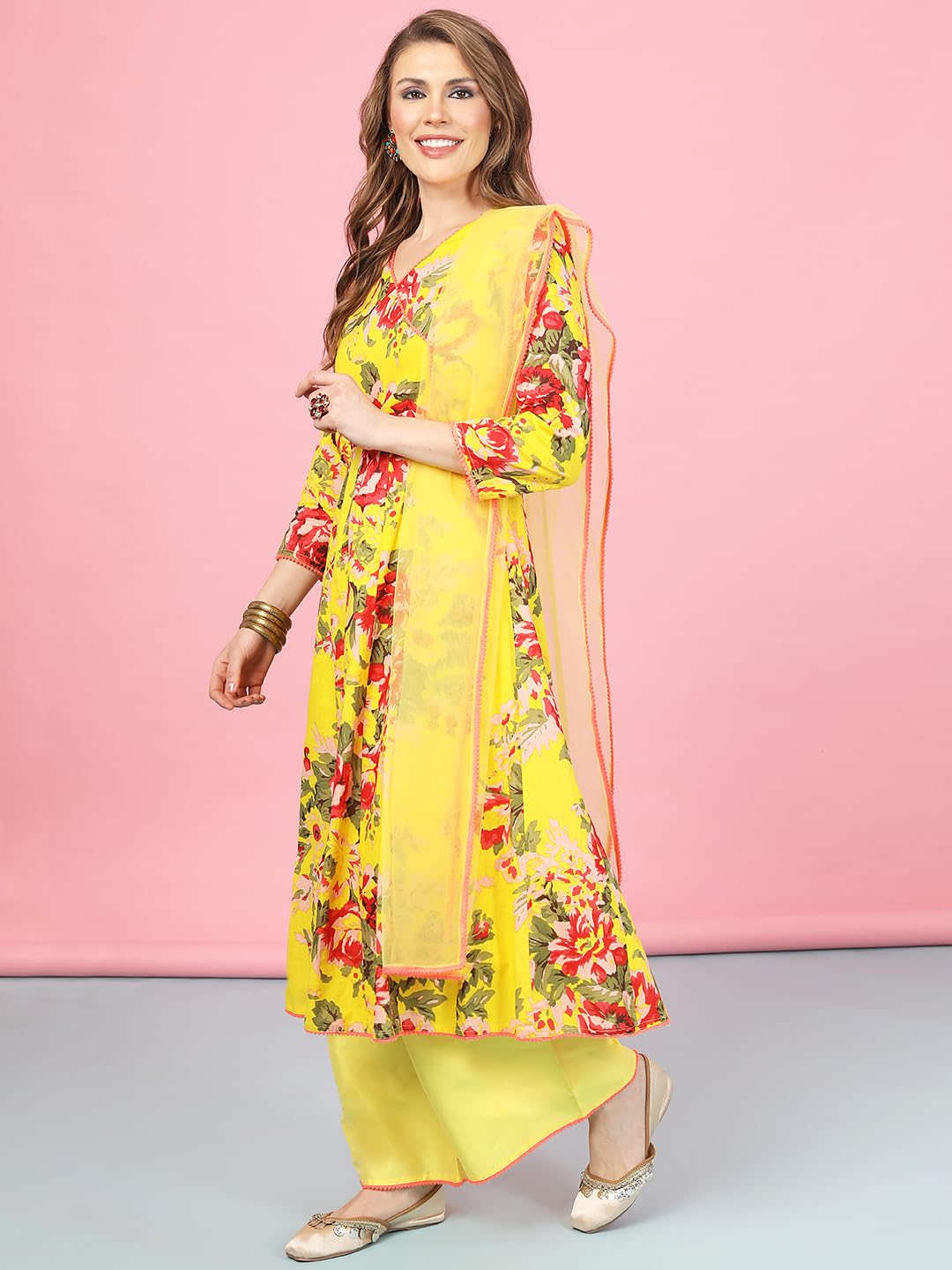 A.T.U.N. (ALL THINGS UBER NICE) Womens Floral Printed Angrakha Pure Cotton Kurta with Palazzos & Dupatta Set | Traditional Ethnic Wear Clothing Set