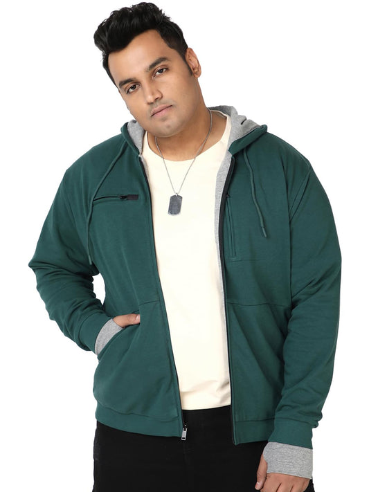 Bewakoof Mens Solid Regular Fit Full Sleeve Cotton Blend Plus Size Reversible Zipper Airport Hoodies_685559_Green_5XL
