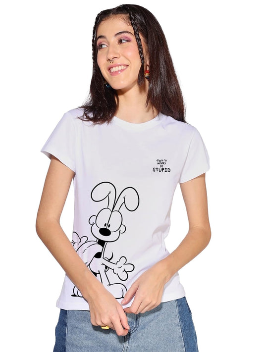 Bewakoof Official Garfield Merchandise Womens Graphic Print Regular Fit Half Sleeve Round Neck Cotton T-Shirt_624231_White_S