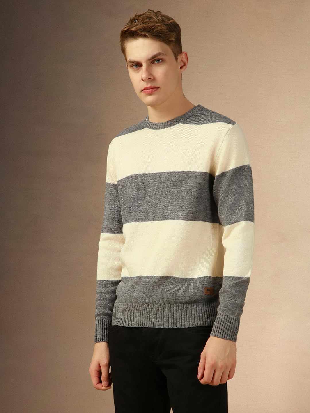Dennis Lingo Men Grey Striped Slim Fit Full Sleeve Crew Pullover Sweater