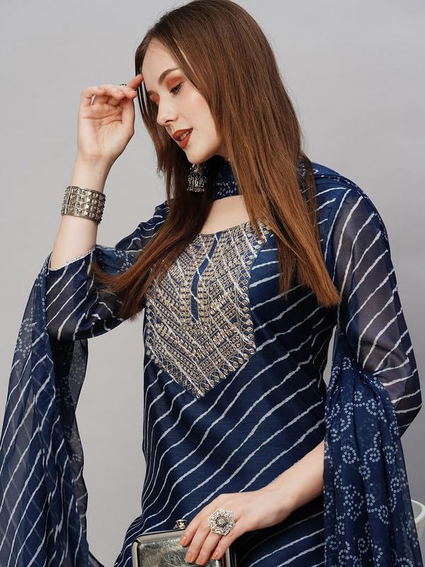 Pinkmint Women Cotton Blend A-Line Printed Kurta With Pant & Dupatta Blue