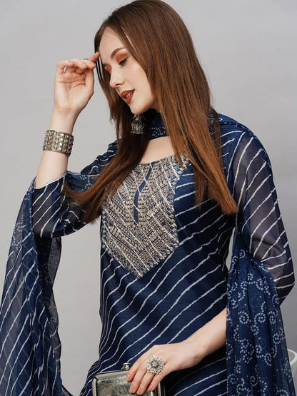 Pinkmint Women Cotton Blend A-Line Printed Kurta With Pant & Dupatta Blue