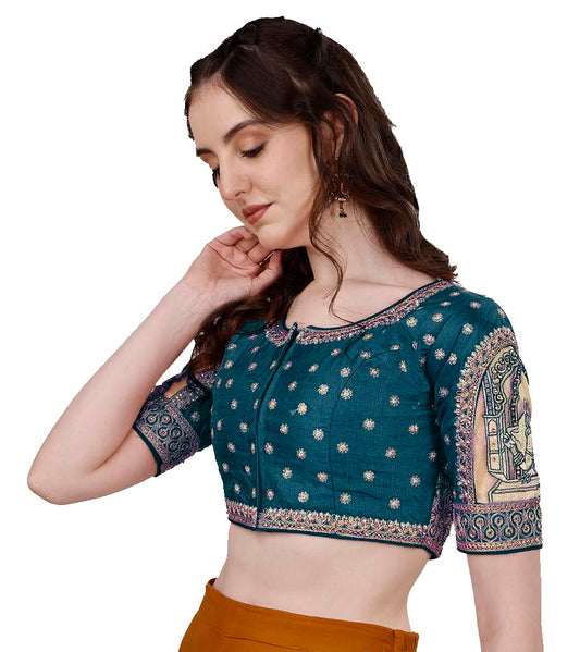 Vihu Fashion Womens Heavy Embroidery Coding with Sequins and Diamond Work Half Sleeves Fancy Cutwork Readymade Saree Blouse.(Pa