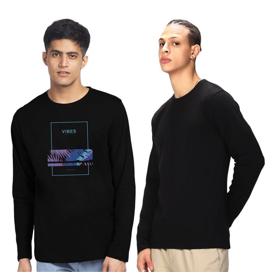 Bewakoof Mens Solid and Vibe Printed 100% Cotton T-Shirts (Pack of 2) - Regular Fit, Round Neck, Full Sleeves_601678_Black_M