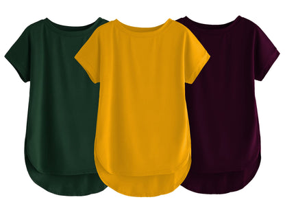 Fabricorn Combo Of Three Plain Bottle Green, Mustard Yellow And Wine Round Neck Up And Down Cotton Tshirt For Women (Bottle Gree