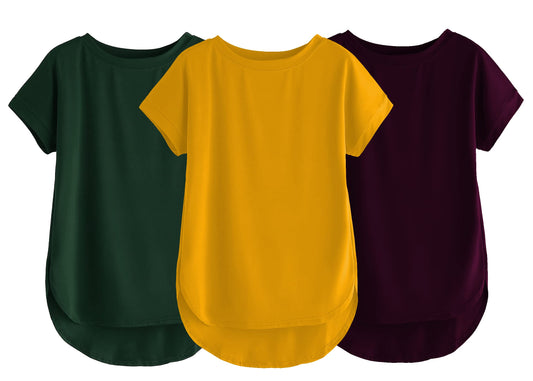 Fabricorn Combo Of Three Plain Bottle Green, Mustard Yellow And Wine Round Neck Up And Down Cotton Tshirt For Women (Bottle Gree