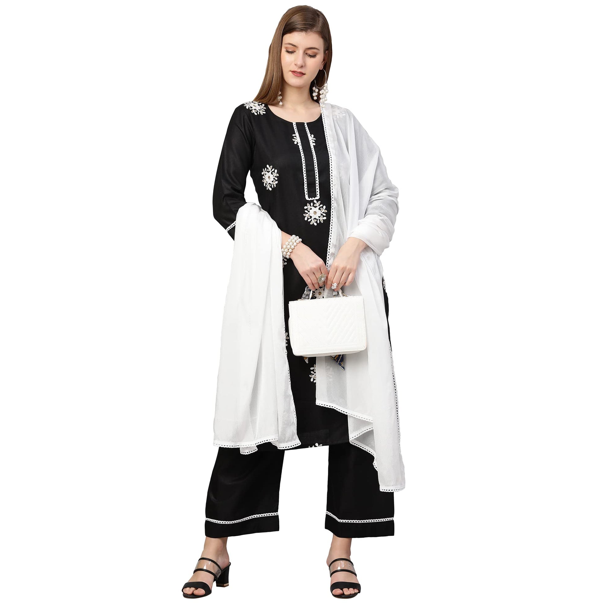 ANNI DESIGNER Women's Cotton Blend Straight Kurta with Palazzo & Dupatta (Saadgi)