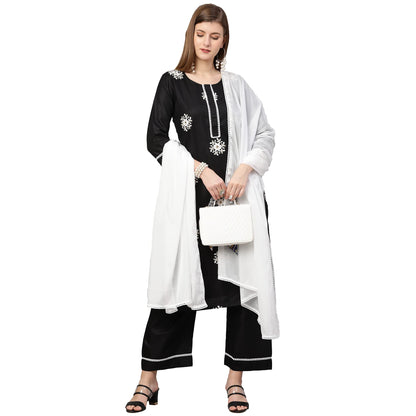ANNI DESIGNER Women's Cotton Blend Straight Kurta with Palazzo & Dupatta (Saadgi)
