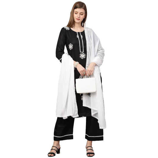 ANNI DESIGNER Women's Cotton Blend Straight Kurta with Palazzo & Dupatta (Saadgi)