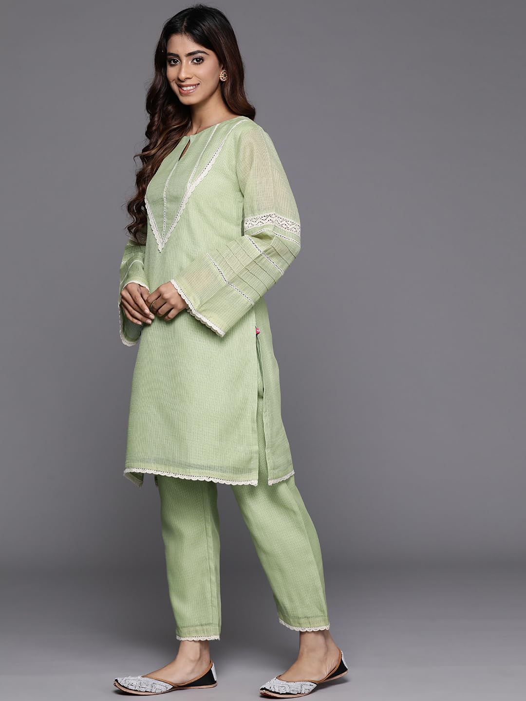 Varanga Women Green Kota Check Cotton Lace Short Kurta With Bottom, Round Neck With Keyhole Detail, Long Sleeves, Side Slits, To