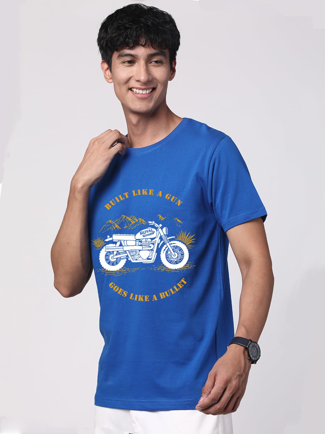 ADRO Men's Royal Bike Design Printed 100% Cotton T-Shirt - Regular Fit, Printed T-Shirts for Men (RN24-RYL-RB_Royal Blue)