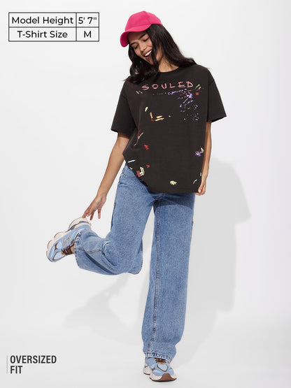 The Souled Store Souled Thread Women and Girls Short Sleeves Round Neck Black Embroidery Cotton Oversized T-Shirts