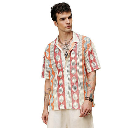 Campus Sutra Mens Tangerine Orange & Crimson Red Geometric Block Oversized Shirt for Casual Wear | Spread Collar | Short Sleeve
