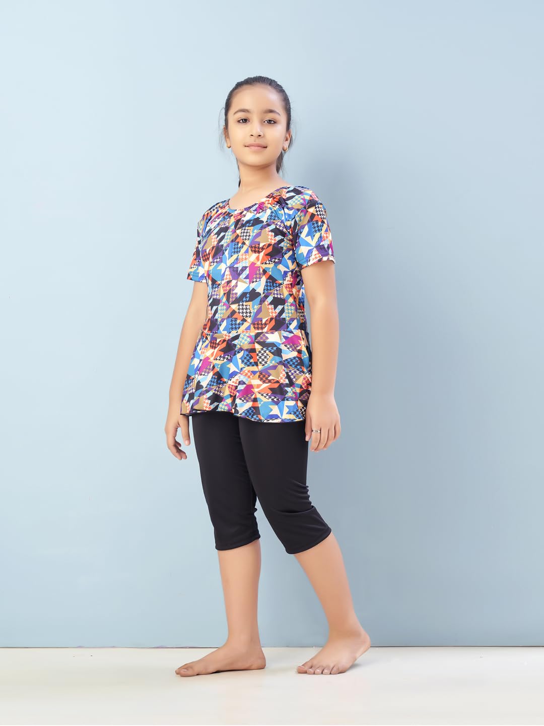 Aarika Girls Sports Wear Multi-Black Colour Abstract Print Nylon Swim Suit (5-15 Years)-(SW-SHM-C-1115)