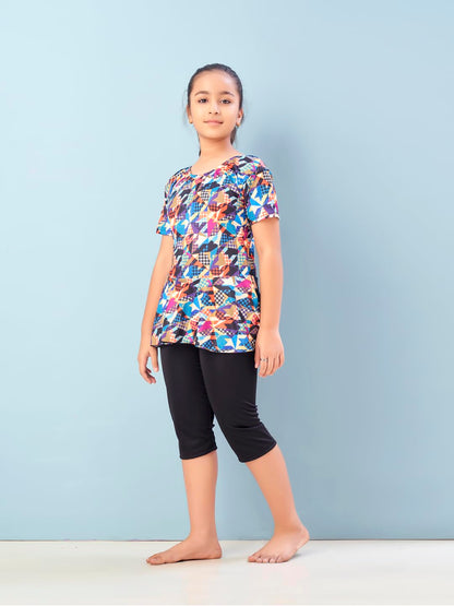 Aarika Girls Sports Wear Multi-Black Colour Abstract Print Nylon Swim Suit (5-15 Years)-(SW-SHM-C-1115)