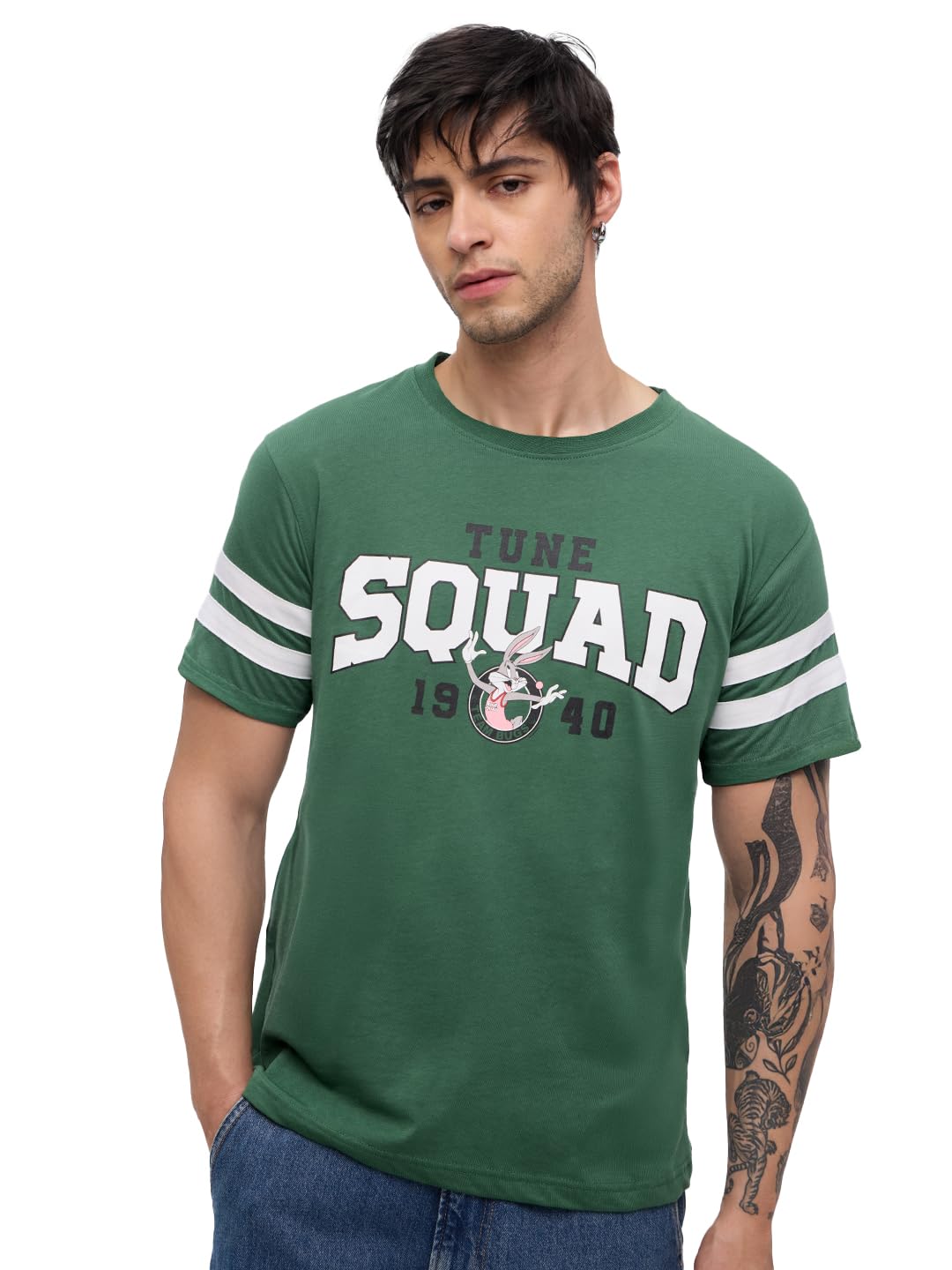 The Souled Store Looney Tunes: Squad Men and Boys Short Sleeves Round Neck Green Graphic Printed Regular Fit Cotton T-Shirts