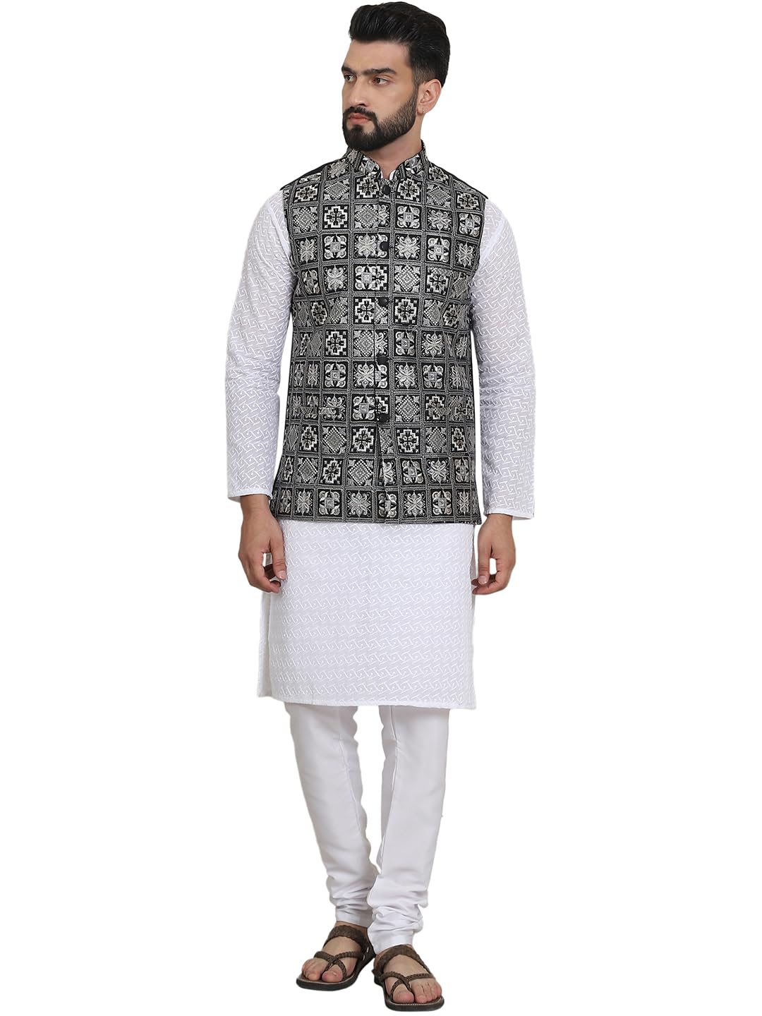 SOJANYA (Since 1958 Men's Cotton Chikankari White Kurta and White Pyjama With Embroidered Black Nehru Jacket