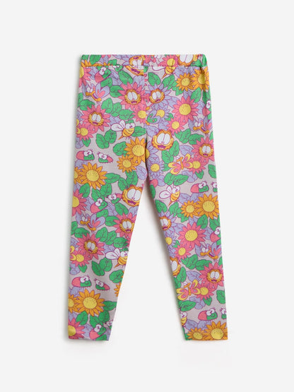 The Souled Store Garfield: Floral Girls Pull On All Over Printed Regular Fit Cotton Leggings (2-8 Yrs)