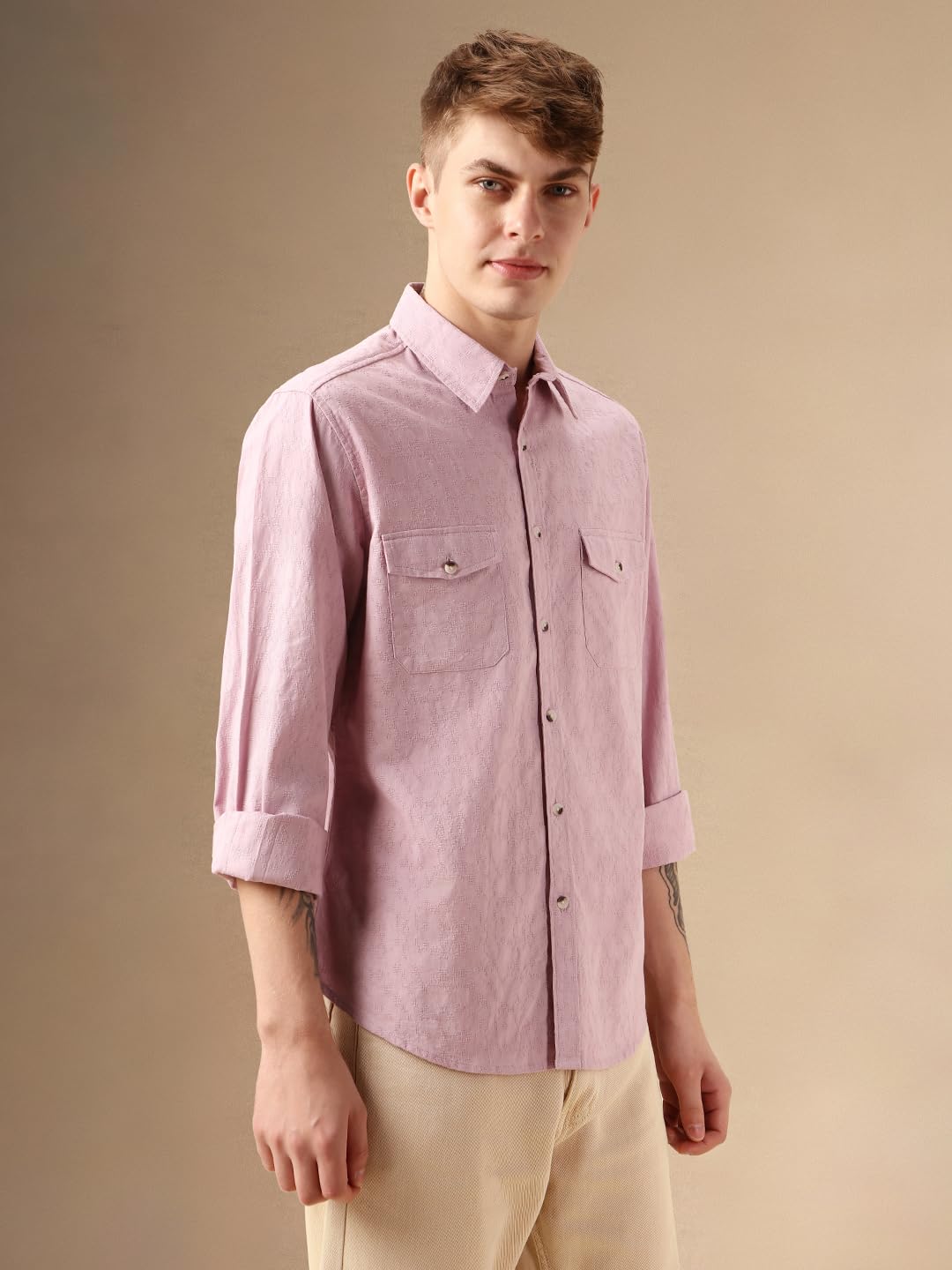 Dennis Lingo Men Pink 100% Cotton Full Sleeve Spread Collar Self Design Shirts
