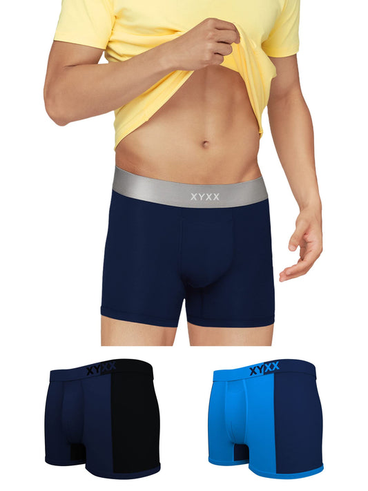 XYXX Mens Underwear Dualist IntelliSoft Antimicrobial Micro Modal Trunk Pack of 3 (Brilliant Blue & Black Iris ; Black Iris & B